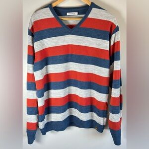 Peter England Men's XL Sweater Orange Blue  Striped Pullover Long Sleeve V-Neck